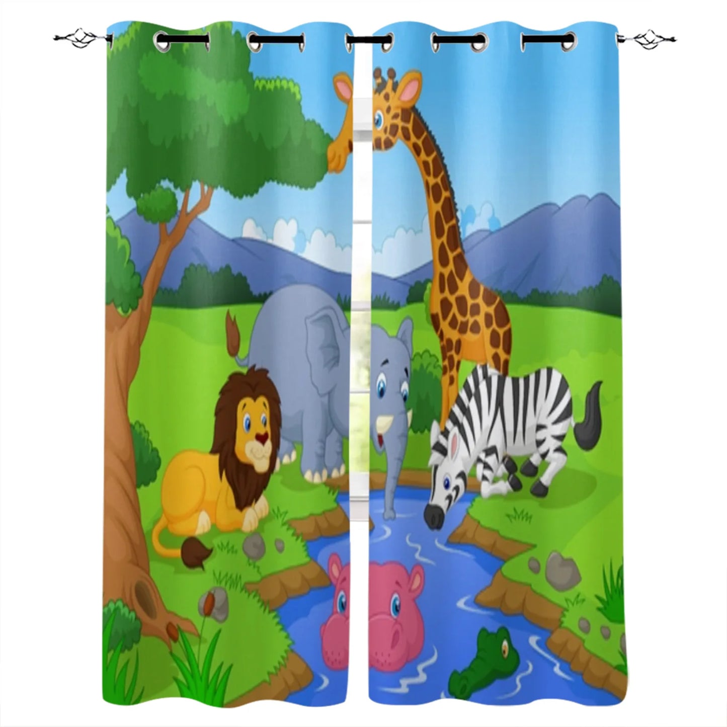 Bedroom Curtain Cartoon Zoo Animals