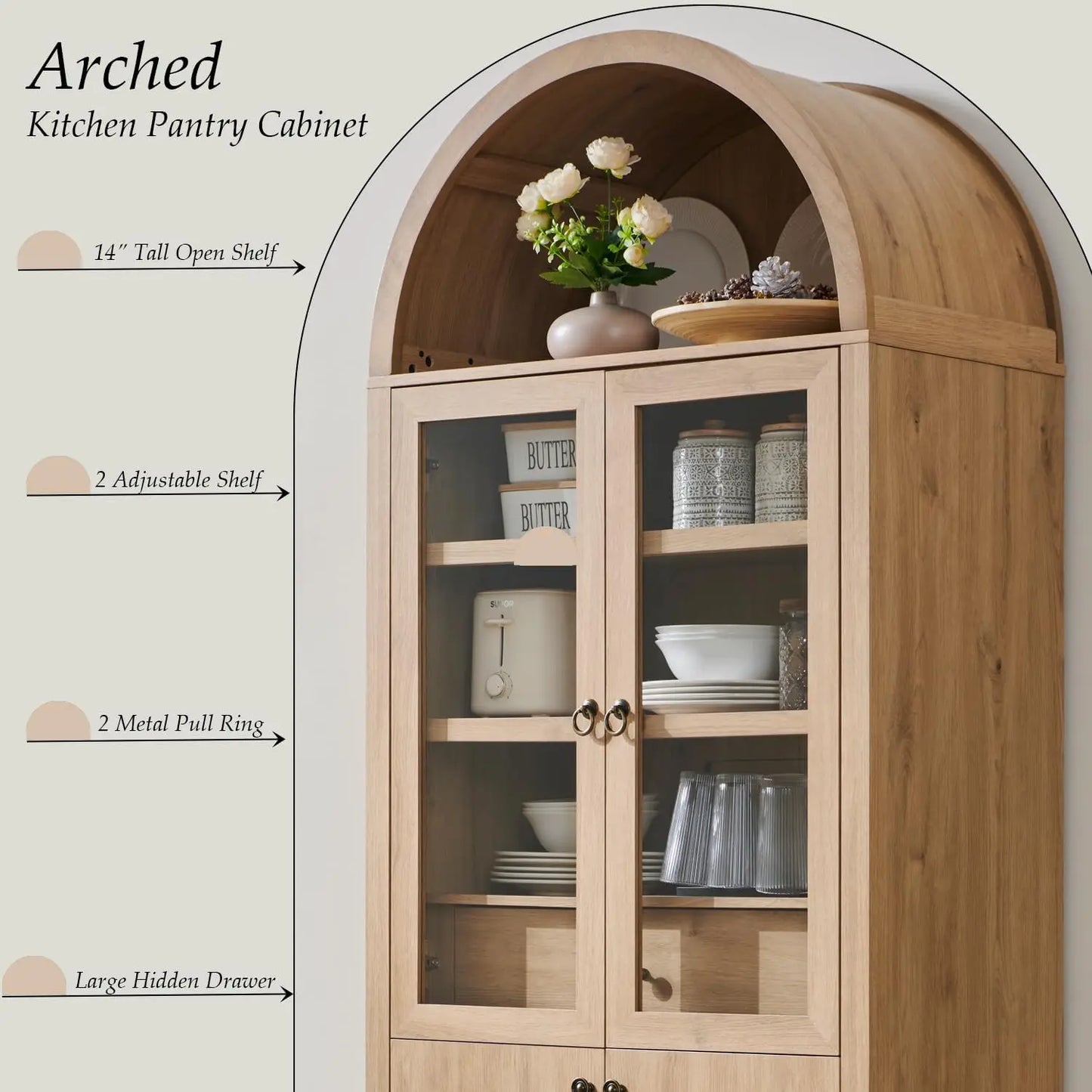 71" Tall Arched Kitchen Pantry Cabinet