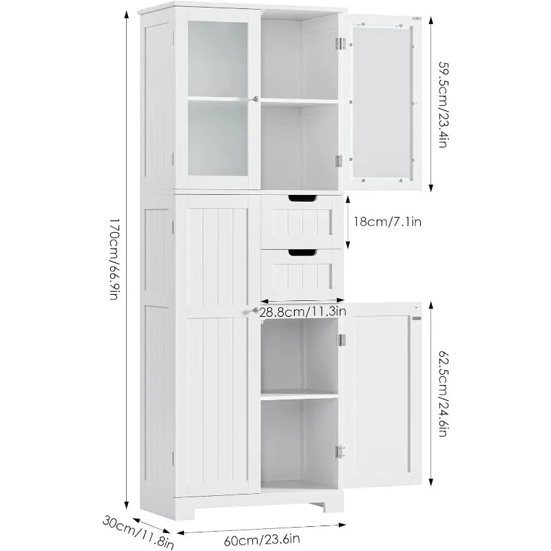 67'' Tall Storage Cabinet, Bathroom Storage Cabinet with Glass Doors and Shelves, Kitchen Pantry