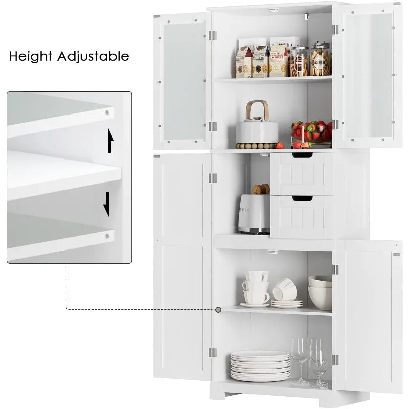 67'' Tall Storage Cabinet, Bathroom Storage Cabinet with Glass Doors and Shelves, Kitchen Pantry