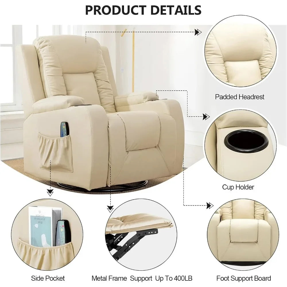 Recliner Chair Massage Rocker with Heated PU Leather Ergonomic Lounge 360 Degree Swivel Sofa Seat