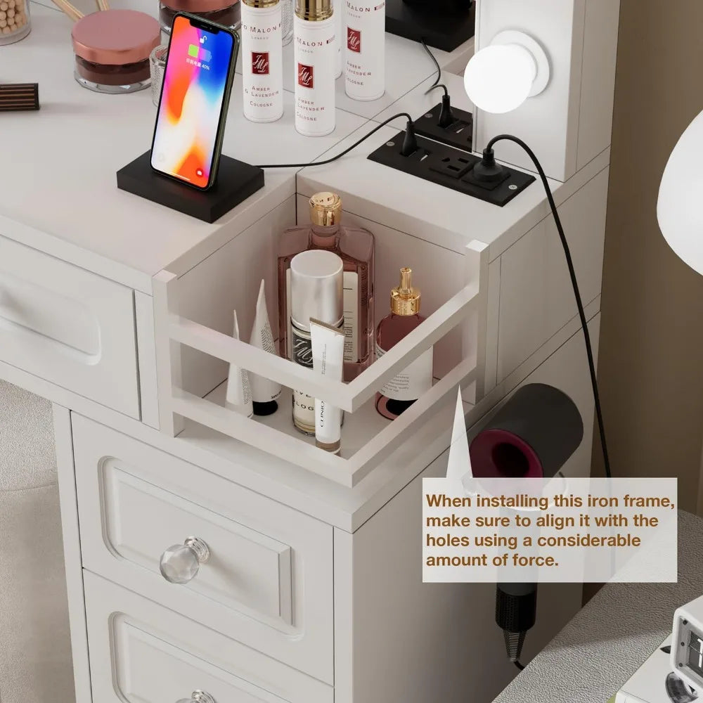 43.3Inch Vanity Desk  Lighted Mirror & Power Outlet,7 Drawers and2 Shelves,Bedroom Dressing Table.