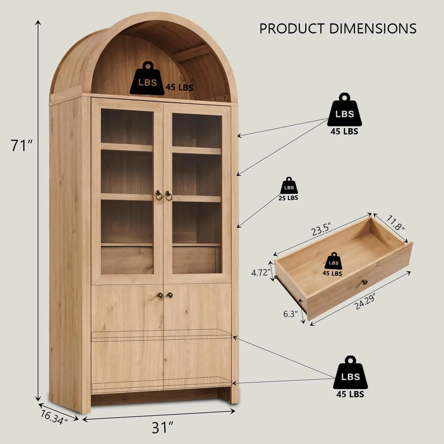 71" Tall Arched Kitchen Pantry Cabinet