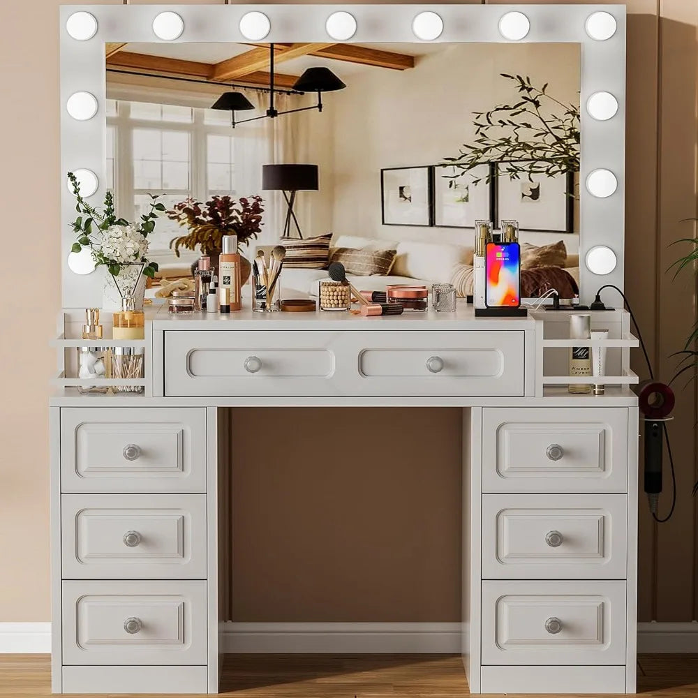 43.3Inch Vanity Desk  Lighted Mirror & Power Outlet,7 Drawers and2 Shelves,Bedroom Dressing Table.