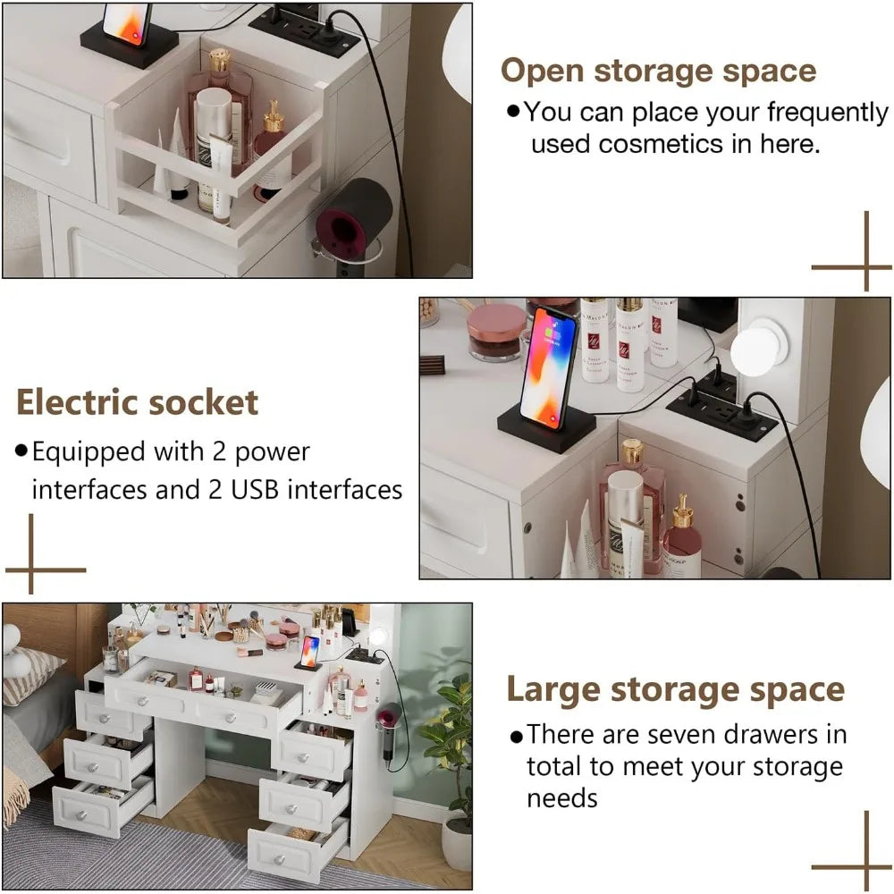 43.3Inch Vanity Desk  Lighted Mirror & Power Outlet,7 Drawers and2 Shelves,Bedroom Dressing Table.