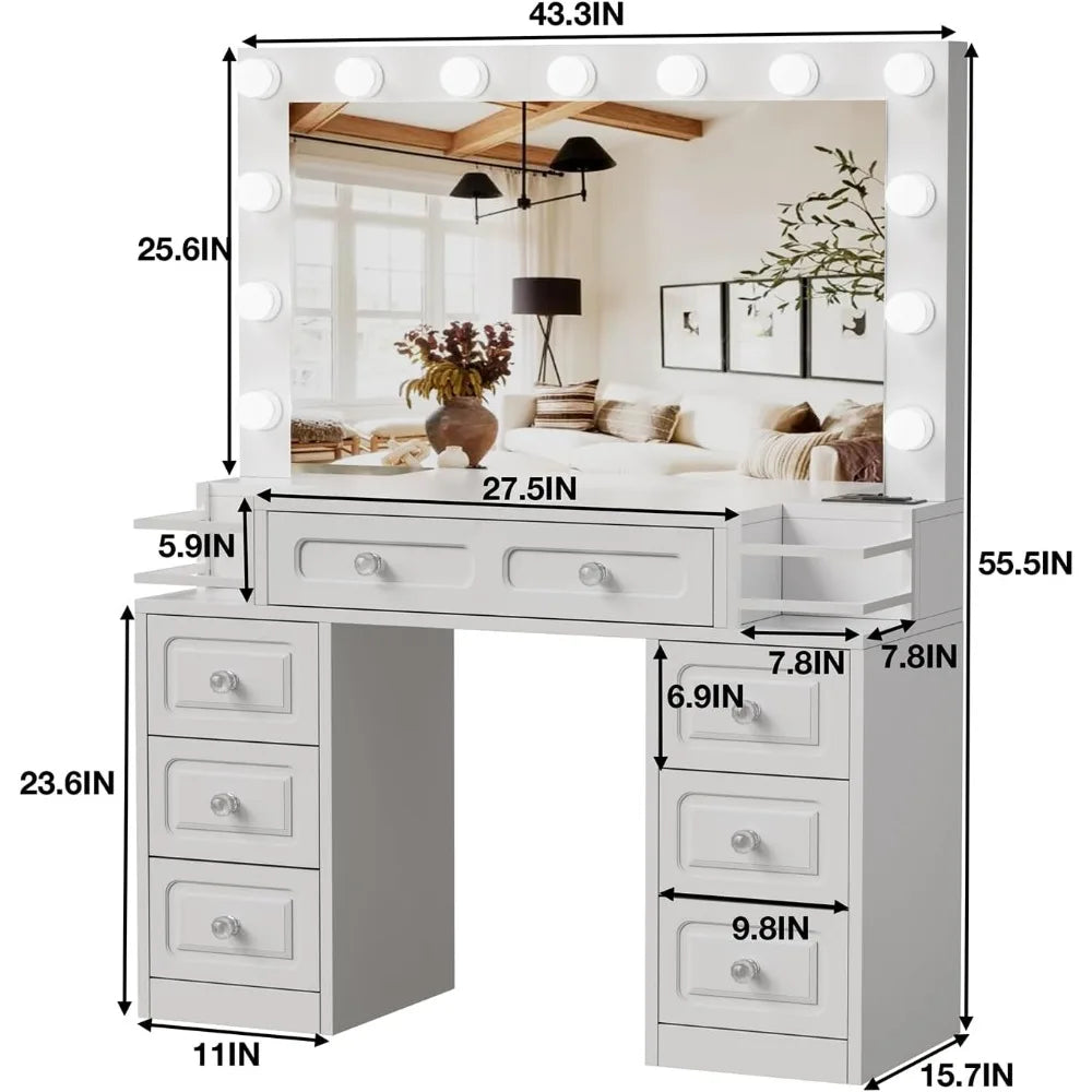 43.3Inch Vanity Desk  Lighted Mirror & Power Outlet,7 Drawers and2 Shelves,Bedroom Dressing Table.